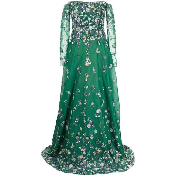 Saiid Kobeisy Tulle Beaded Dress With Off-Shoulder Sleeves - NWT